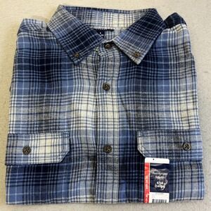 George Mens Plaid Flannel Shirt Blue Tan White Small Casual Pockets Button Down